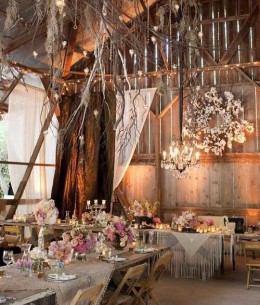 Country chic wedding decor at indoor rustic barn