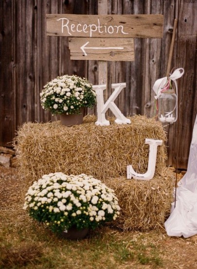 Bales of hay at rustic wedding reception